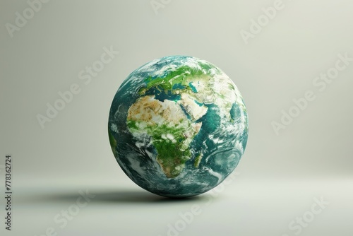 Idea of Earth Day. A white backdrop with an illustration of the green planet Earth. Generative Ai