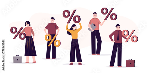 Various people with percentages. High interest on bank deposits, increasing investment portfolio, Reliable borrower, low inflation.