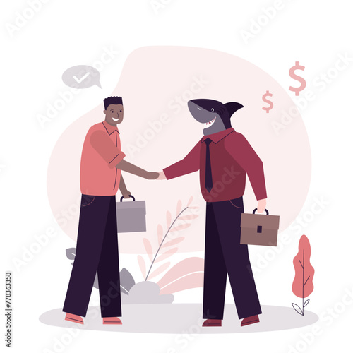 Business shark shakes hands with newcomer. Sly man wants to deceive inexperienced businessman. Betrayal, deception in business and on stock. Unfavorable contract or agreement