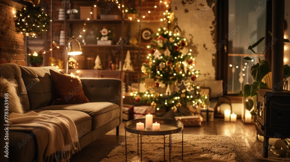An eco-friendly living room warmly lit with twinkling lights, decked out in sustainable holiday decor with a beautifully Christmas tree and cozy fireplace, the joyous spirit of the holiday season.