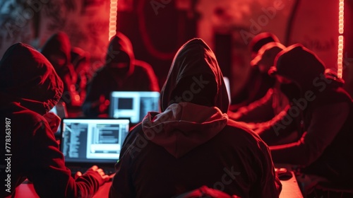 Undercover Hacker Meeting in Red Light. An undercover hacker group convenes in a dimly lit space bathed in red, capturing a secretive collaboration and the clandestine nature of cybercrime. photo