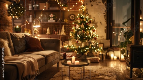 An eco-friendly living room warmly lit with twinkling lights  decked out in sustainable holiday decor with a beautifully Christmas tree and cozy fireplace  the joyous spirit of the holiday season.