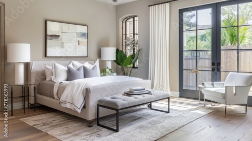 Modern Bedroom with Clean, Minimalist Design. Simplicity meets sophistication in this contemporary bedroom, where clean lines and a minimalist design create a peaceful retreat. © Beyonder