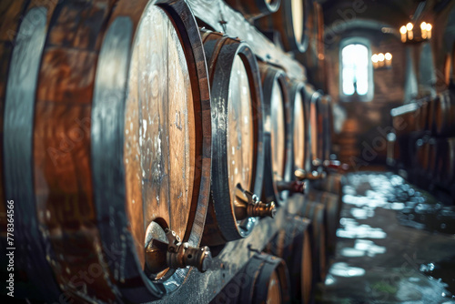 Aged Oak Wine Barrels Lined up in a Traditional Cellar © Lidok_L