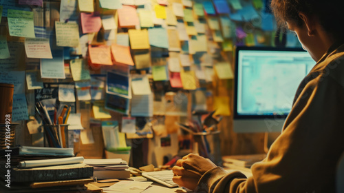 Close-up of a busy desk with post-it reminders and a person working late at a computer photo