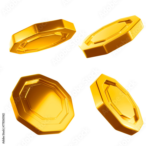 Glossy gold coin set in the shape of hexagons. Transparent background, png