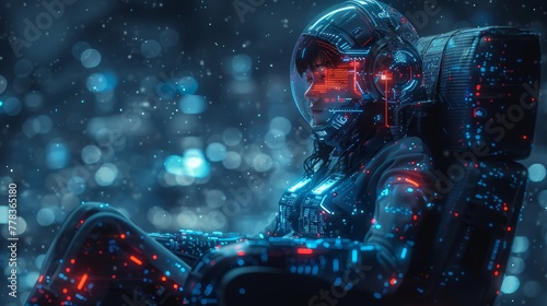 World is controlled by Artificial Intelligence. Female robot queen sits on throne. Beautiful cyborg woman with AI on podium in cyberspace. Image of cyborg girl with neural network.