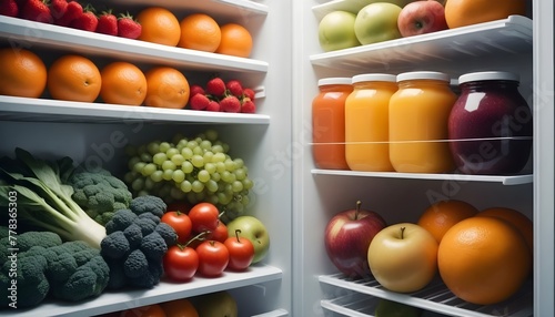 An open refrigerator full of juice and fresh vegetables and fruits. Healthy eating and vegan concept. 