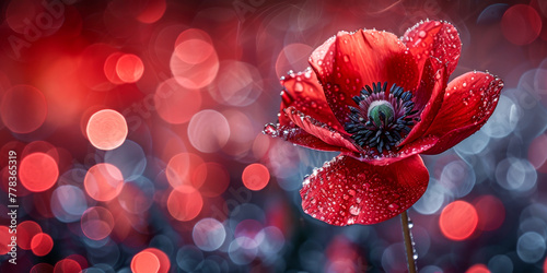 An exquisite red anemone flower, wet with morning dew, stands out against an enchanting background of light orbs