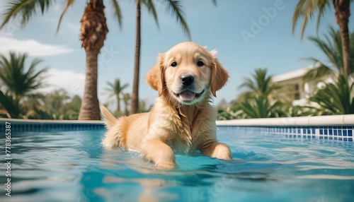 A golden retriever puppy swims in a pool against the backdrop of a palm tree. Concept of summer vacation and enjoying life. 