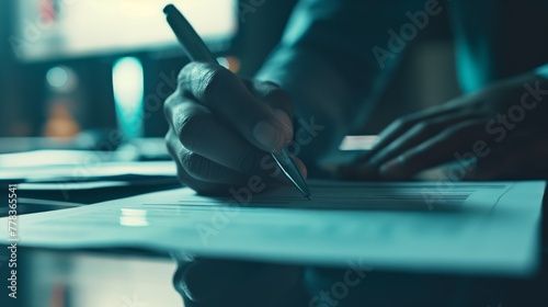 Close-up shot of a professional executive hand signing a business contract document with a pen in a corporate office. Showcasing the importance of legal paperwork. Commitment