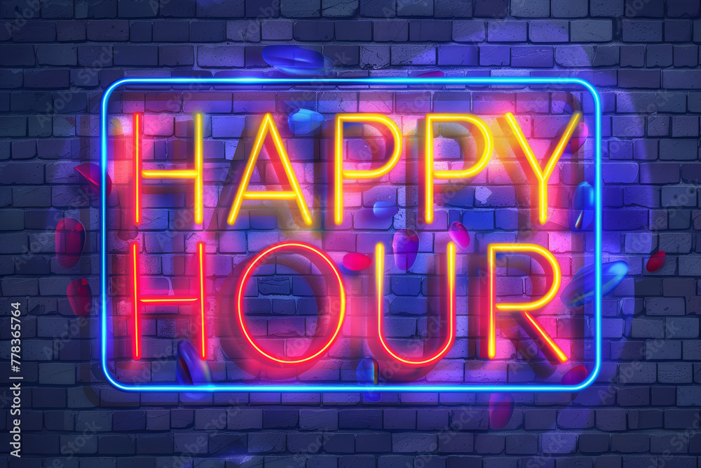 Glowing 'HAPPY HOUR' Neon Sign on Dark Brick Background