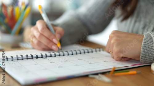 Person jotting down notes in a planner, planning business tasks with focus and detail photo