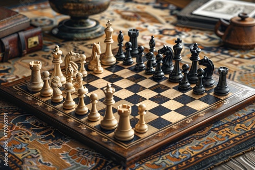 A well-organized Western chess board with all its pieces photo