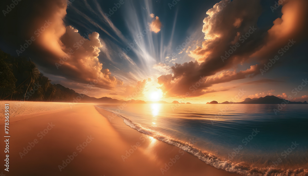 Majestic beach sunset with radiant sunbeams piercing through dramatic clouds, evoking serenity and awe.