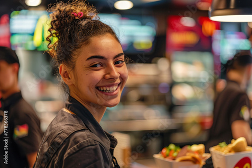 Young woman working in a fast food restaurant 