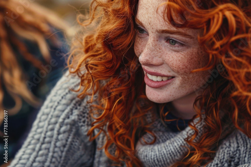 Close up portrait of beautiful redhead girl with freckles on face. 