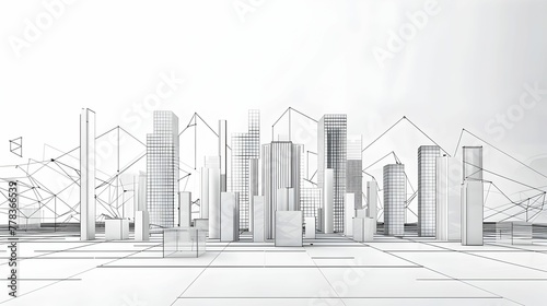 Black and white wireframe drawing of an urban skyline with skyscrapers and geometric structures.