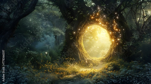 A mystical forest scene with a magical gateway formed within an ancient tree, surrounded by ethereal lights and vibrant flora.