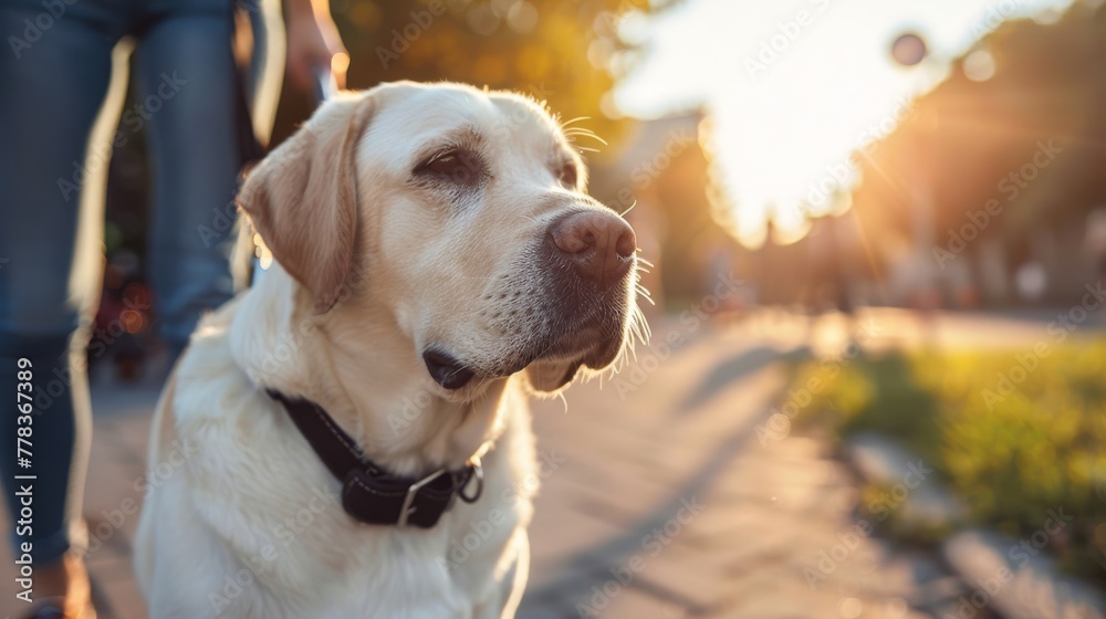 Blind handicapped woman holding cane and walking with trained guide dog golden retriever on street outside city background. Generative ai