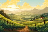 Rolling green hills of a tuscan vineyard under a blue sky with a hint of sunlight, in a painterly style