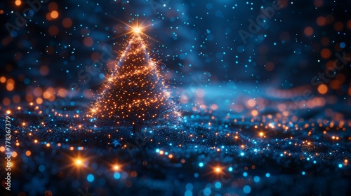 An image of a Christmas tree on a Christmas poster in computer technology style. An image of a new year, merry Christmas congratulations card in computer tech design. A template for Christmas cards