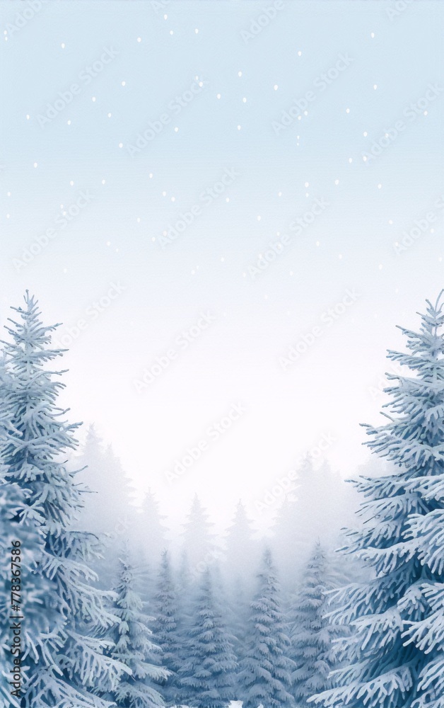 Blue and white winter landscape of snow-covered pine trees in a foggy forest