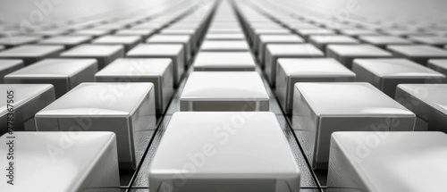  A line of white chairs arranged adjacent to one another facing a wall of white chairs in a chamber