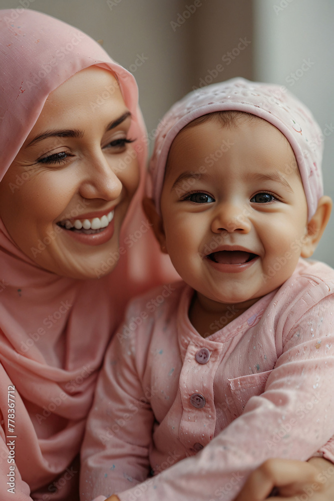 Portrait of Joyful white Muslim Mother and Baby Sharing a Laugh. Happy smiling Muslim mother in pink hijab with her laughing infant, copy space, white skin tone, European mother in hijab. ai generated Portrait of Joyful white Muslim Mother and Baby Sharing a Laugh. Happy smiling Muslim mother in pink hijab with her laughing infant, copy space, white skin tone, European mother in hijab. ai generated