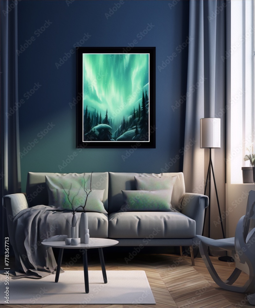 Fototapeta premium A painting of an aurora borealis in a forest at night in blue and green colors, with a hint of purple, in a contemporary style, for a living room or bedroom.