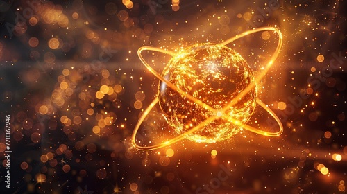 See an atom aglow with a radiant, goldenyellow hue, its nucleus shimmering with the energy of creation, highresolution