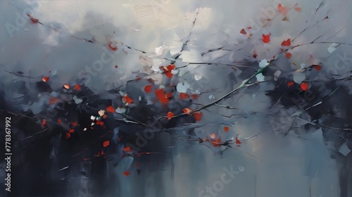 Oil painting of tree branches with red leaves on a foggy day in impressionist style