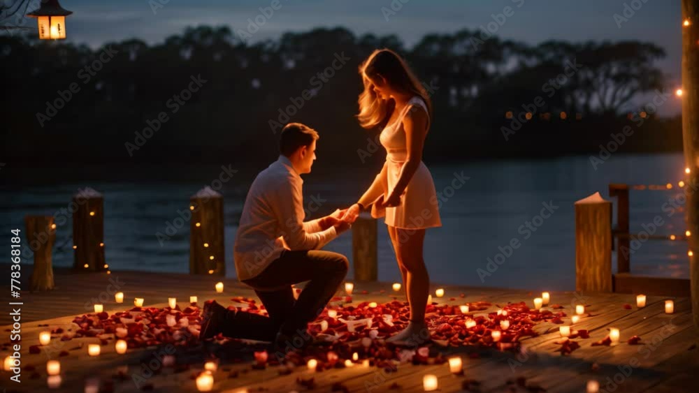 A man is kneeling down next to a woman in a white dress, perhaps proposing or partaking in a wedding ceremony, A surprise proposal in a romantic Valentines Day setting, AI Generated