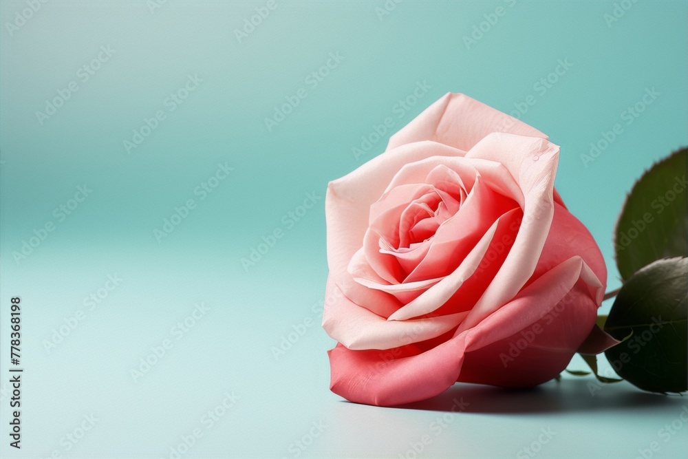 Light pink rose in full bloom on a pastel blue background, still life photography, art deco, interior design, romantic, 1920s.