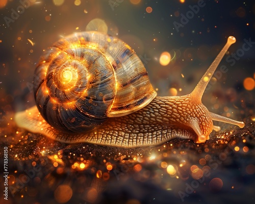 Envision the shell of a snail emitting a warm, golden glow, its spiral shape reflecting the patterns of the universe itself, highresolution