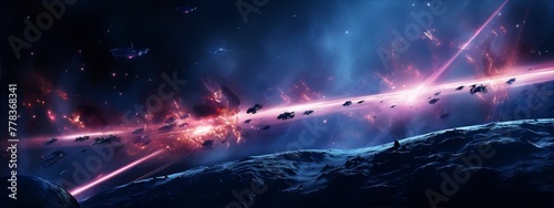 spaceships battle over a shattered moon with a planet and stars in the background photo