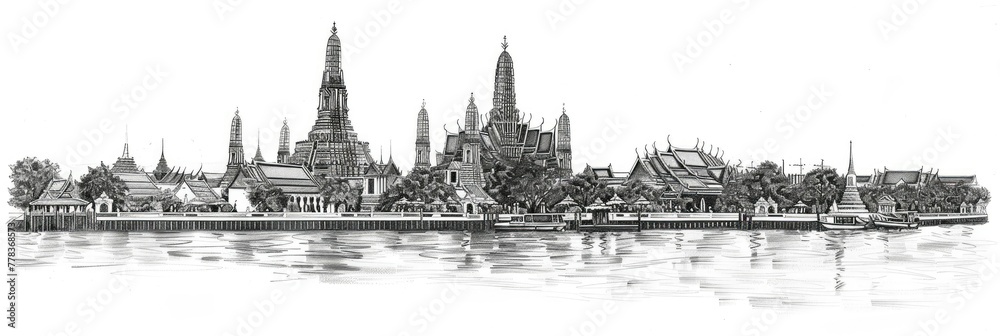Detailed drawing of iconic Bangkok temples - Exquisite pencil drawing showcasing Bangkok's famous temples, Wat Arun and Wat Phra Kaew, along the river with detailed architecture