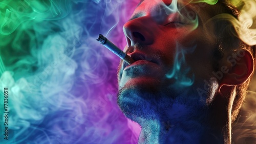 Colorful smoke around human profile silhouette - A vibrant image showing a silhouette of a human profile enveloped by multicolored smoke, symbolizing creativity and imagination