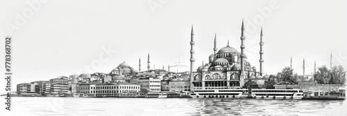 Monochromatic Istanbul skyline with the Blue Mosque - A serene rendition of the iconic Istanbul skyline featuring the famous Blue Mosque and surrounding architecture, in monochromatic tones