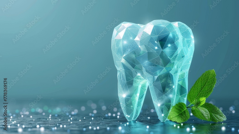 In a futuristic digital polygonal style on a blue background, a tooth displays a mint leaf in an attempt to convey the idea of cleanliness and freshness in the mouth. Modern illustration. - obrazy, fototapety, plakaty 