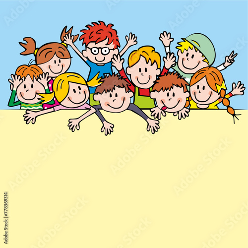 Large group of children, conceptual card,  funny vector illustration