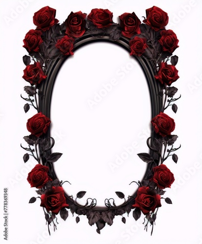 Black oval frame entwined with dark red roses on a white background, digital art, highly detailed, dark romanticism. © kalamjamila