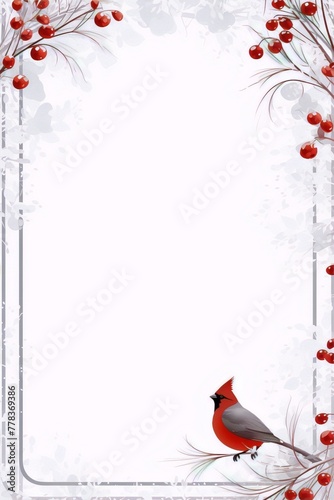 Elegant red cardinal perched on a snowy branch with a grey background © kalamjamila