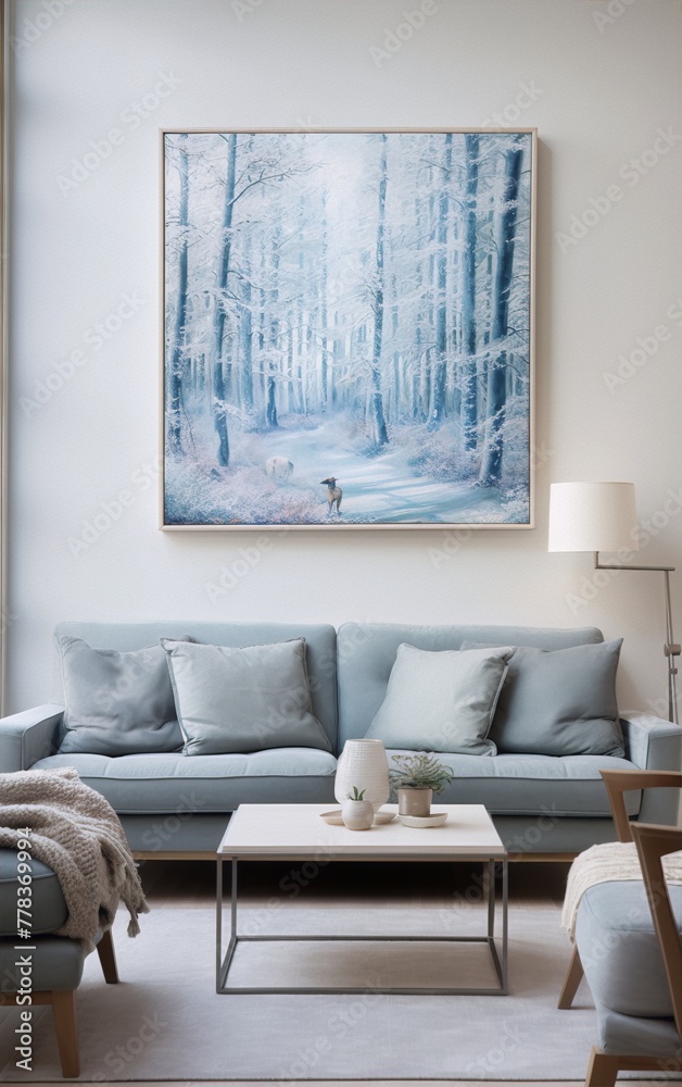Deer in a snowy forest, blue and white painting in a Scandinavian living room Deer in a snowy forest, blue and white painting in a Scandinavian living room