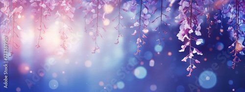 Delicate pink and violet wisteria flowers hanging in front of blurred blue background with glowing lights