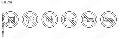 Flat Icon of No Horn Traffic, Vector illustration of red crossed out circular no traffic sign with trumpet icon inside. No horn symbol. No loud sound symbol icon in transparent background.