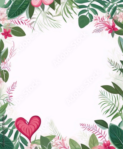 Pink heart-shaped balloon among green leaves and pink flowers on white background  perfect for wedding invitations  birthday cards  and Valentine s Day.