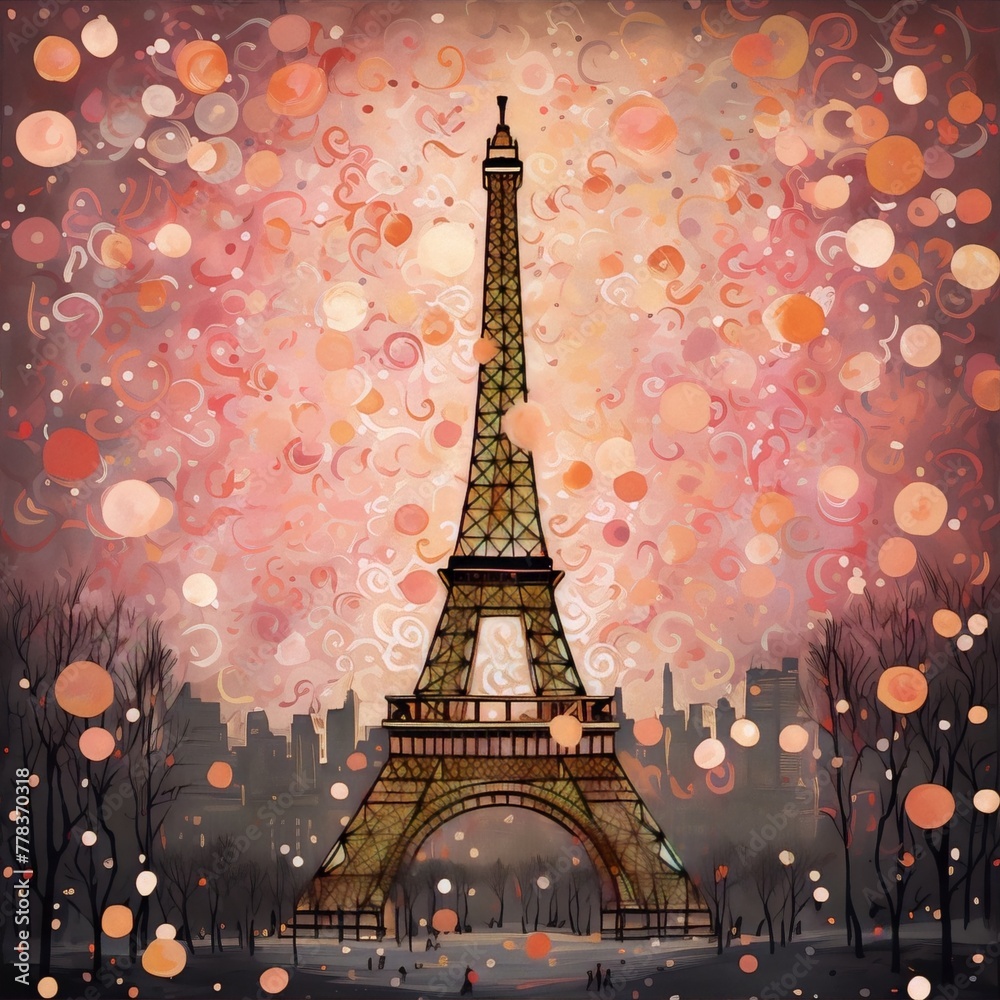 Paris Eiffel Tower in pink and orange color palette, digital painting, cityscape, landmark, architecture, travel, tourism, famous place, monument, art, illustration