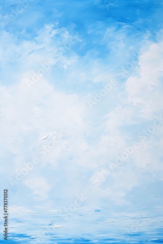 Blue and white abstract painting of the sky and ocean in thick oil paint with a palette knife.