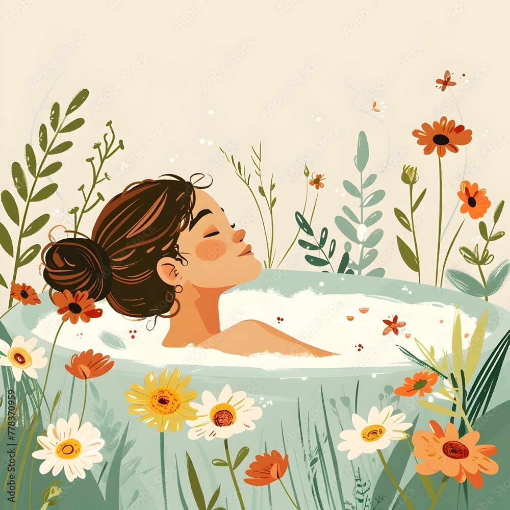 Woman Relaxing in Floral Milk Bath Surrounded by Lush Botanicals in a Serene Natural Setting Woman Relaxing in Floral Milk Bath Surrounded by Lush Botanicals in a Serene Natural Setting